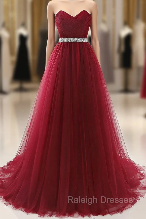 Gorgeous Burgundy Sweetheart Long Prom Dress Tulle Crystal Evening Gown