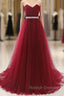 Gorgeous Burgundy Sweetheart Long Prom Dress Tulle Crystal Evening Gown