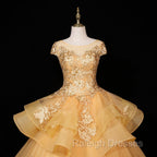 Gorgeous Champagne Ball Gown Sweet 16 Gown with Lace, Flowers Lace Formal Dresses