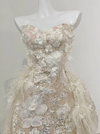 Gorgeous Champagne Gold Mermaid Strapless Sequined 3D Flower Tulle Wedding Dress With Train