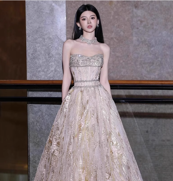 Gorgeous Champagne Gold Strapless A-Line Beaded Tulle Long Formal Prom Dress Secondary image
