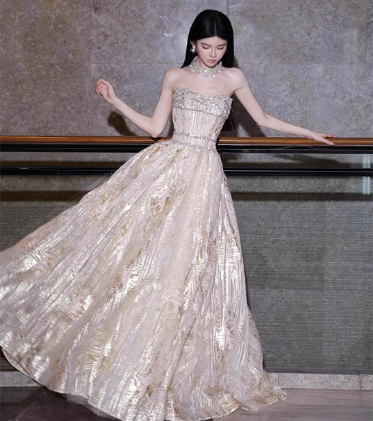 Gorgeous Champagne Gold Strapless A-Line Beaded Tulle Long Formal Prom Dress