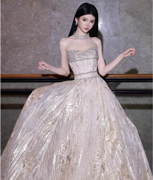 Gorgeous Champagne Gold Strapless A-Line Beaded Tulle Long Formal Prom Dress