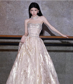 Gorgeous Champagne Gold Strapless A-Line Beaded Tulle Long Formal Prom Dress
