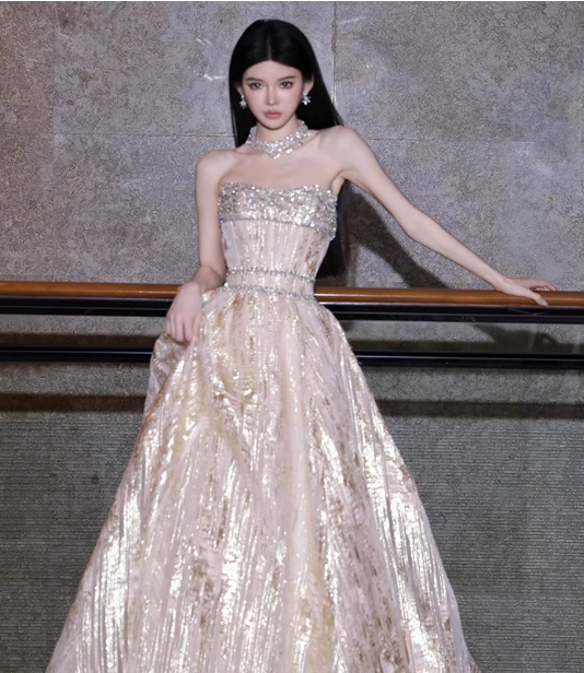 Gorgeous Champagne Gold Strapless A-Line Beaded Tulle Long Formal Prom Dress