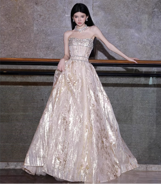 Gorgeous Champagne Gold Strapless A-Line Beaded Tulle Long Formal Prom Dress