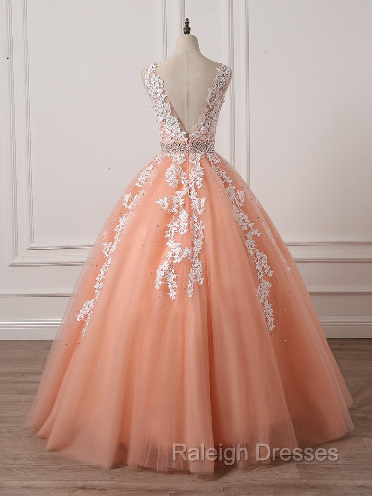 Gorgeous Coral Tulle  High Quality V-neck Lace Appliques Beads Party Dress, Long Formal Dress Secondary image