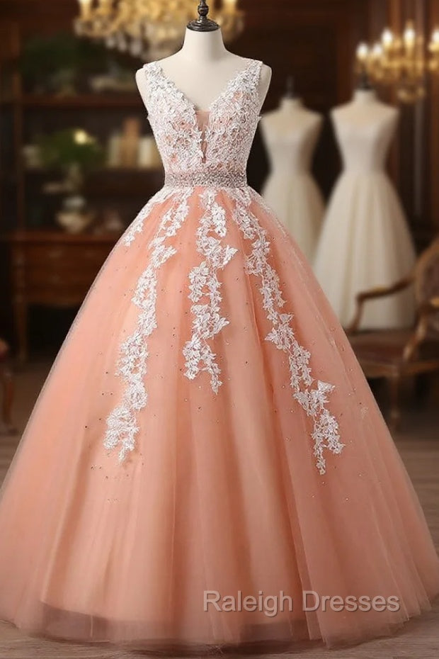 Gorgeous Coral Tulle  High Quality V-neck Lace Appliques Beads Party Dress, Long Formal Dress