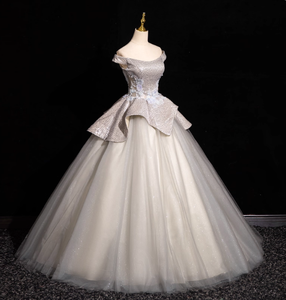 Gorgeous Court Silver-White One-Shoulder Sequin Tulle Long Ball Gown Prom Dress Sweet 16 Dress