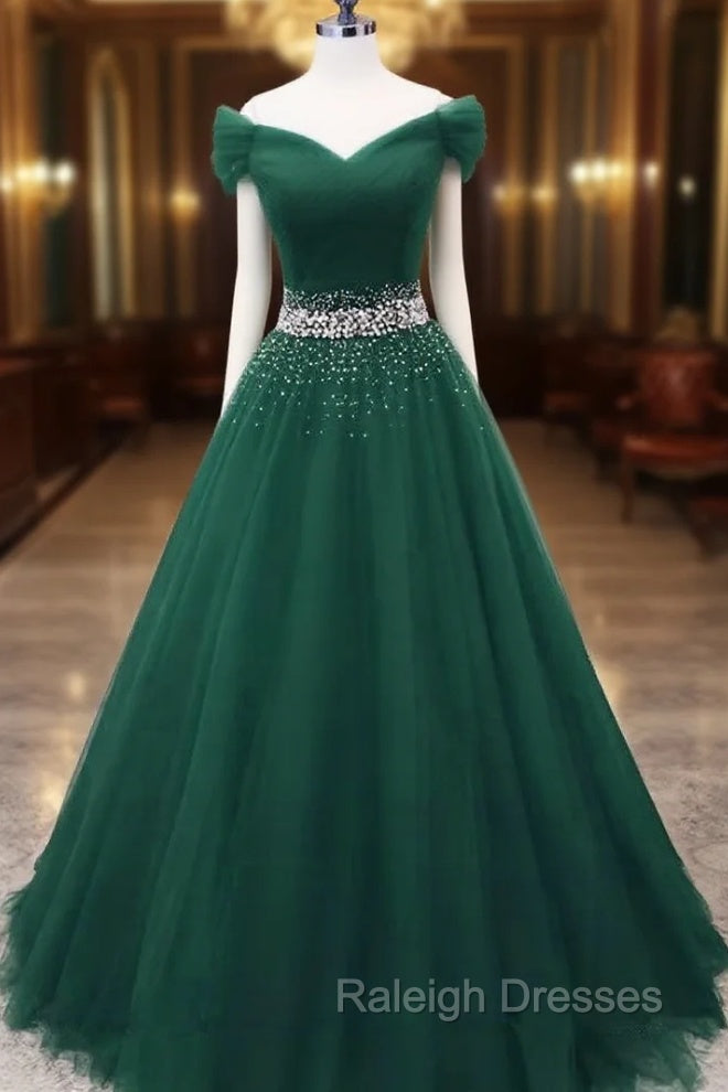 Gorgeous Dark Green Tulle Off Shoulder Long Party Dress, Prom Gown Secondary image