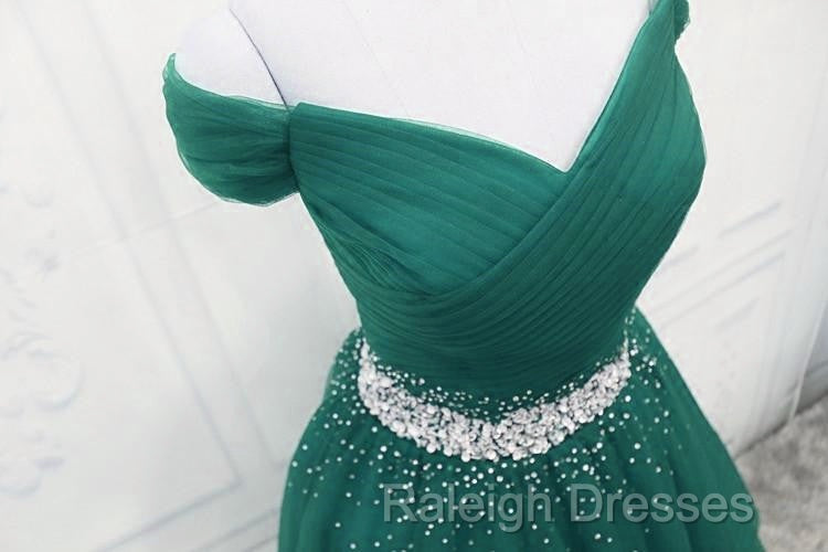 Gorgeous Dark Green Tulle Off Shoulder Long Prom Dress, Prom Gowns