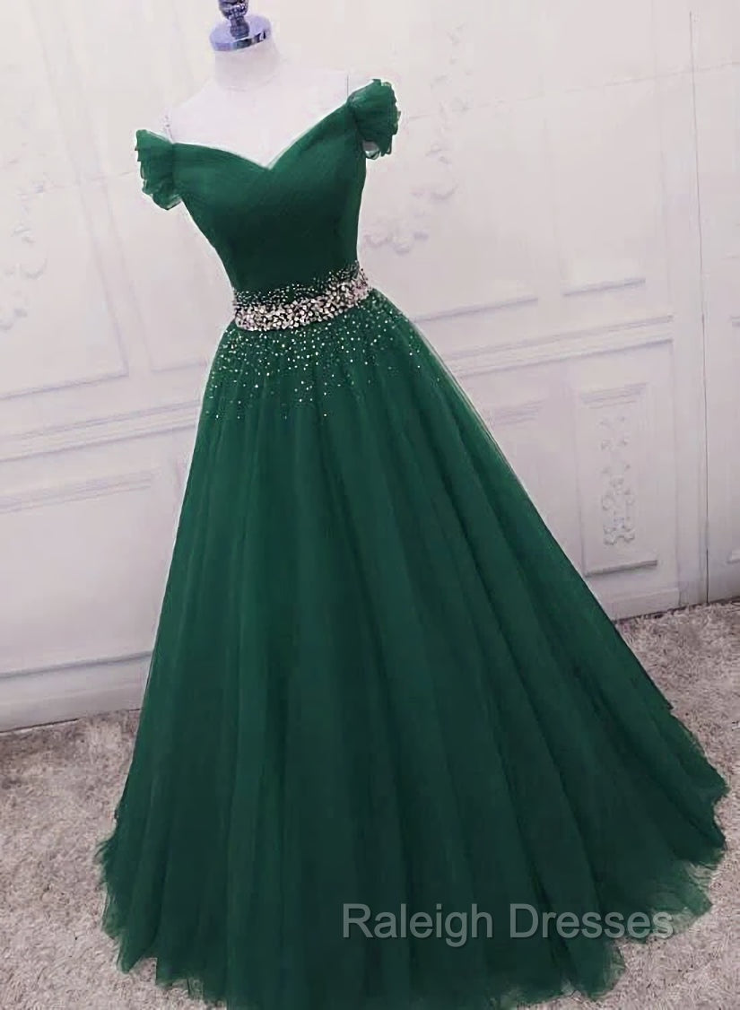 Gorgeous Dark Green Tulle Off Shoulder Long Party Dress, Prom Gown Main image