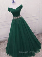 Gorgeous Dark Green Tulle Off Shoulder Long Party Dress, Prom Gown