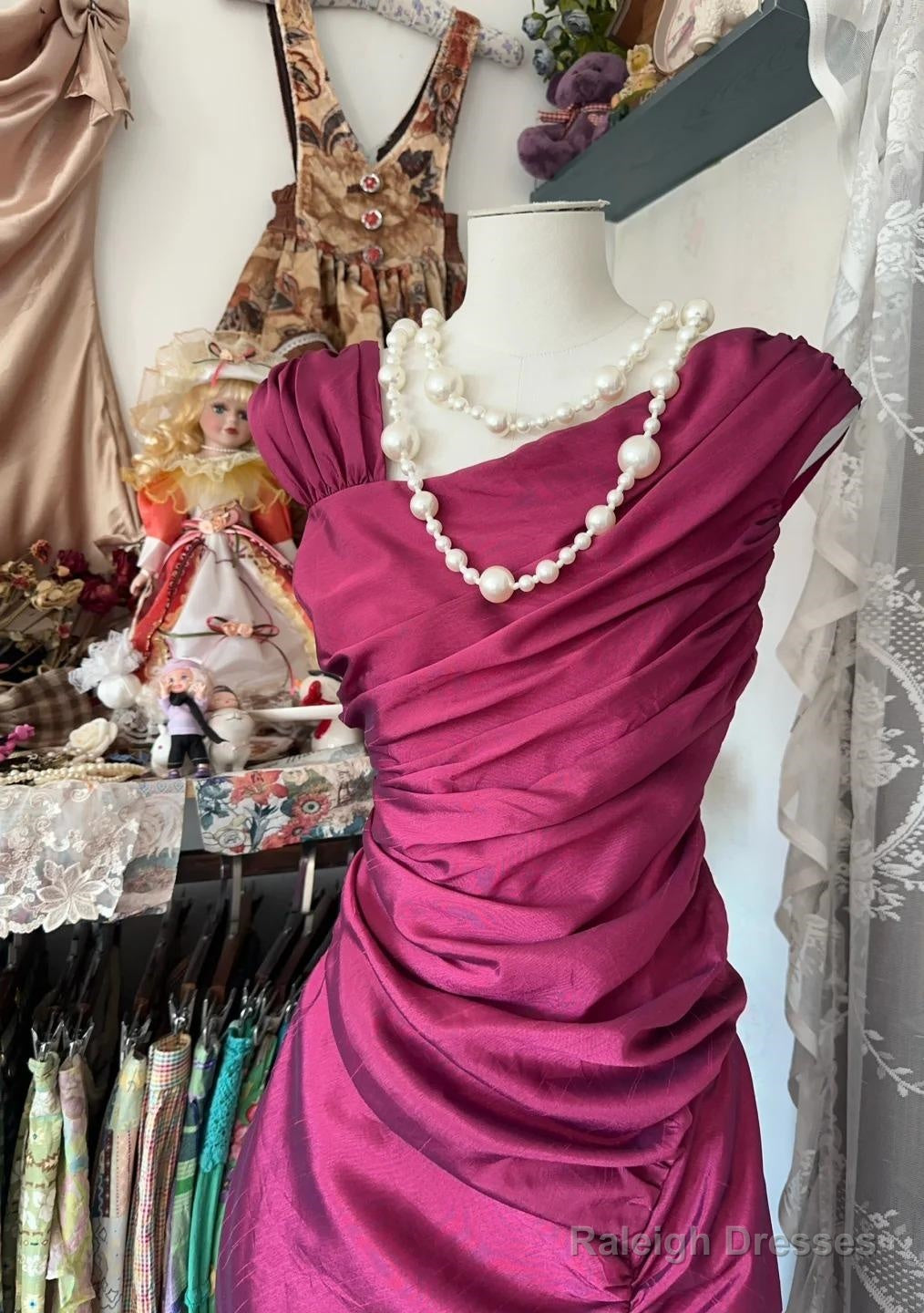Gorgeous Dark Pink Mermaid Pleated Satin Irregular Neckline Ball Dress Birthday Dress Secondary image