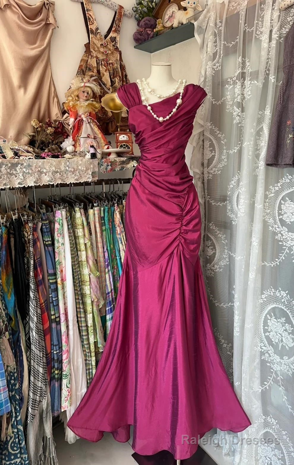 Gorgeous Dark Pink Mermaid Pleated Satin Irregular Neckline Ball Dress Birthday Dress