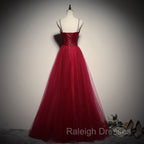Gorgeous Dark Red Straps Tulle Long Party Dress, A-line Formal Dress