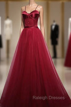 Gorgeous Dark Red Straps Tulle Long Party Dress, A-line Formal Dress
