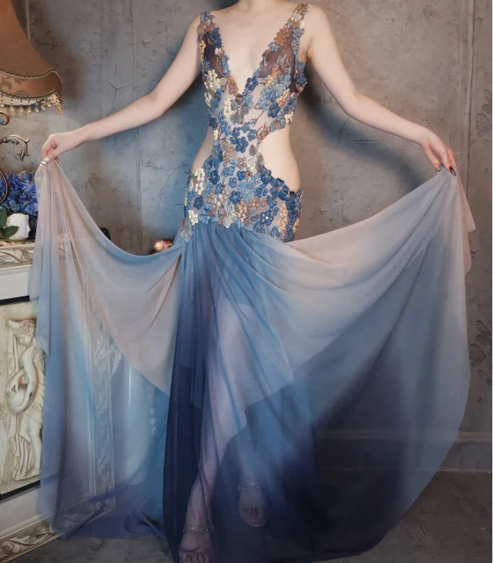 Gorgeous Gradient Blue 3D Floral Openwork Chiffon Long Formal Prom Dress