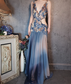 Gorgeous Gradient Blue 3D Floral Openwork Chiffon Long Formal Prom Dress