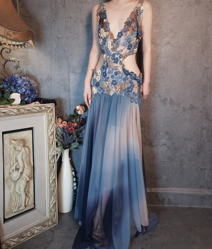 Gorgeous Gradient Blue 3D Floral Openwork Chiffon Long Formal Prom Dress