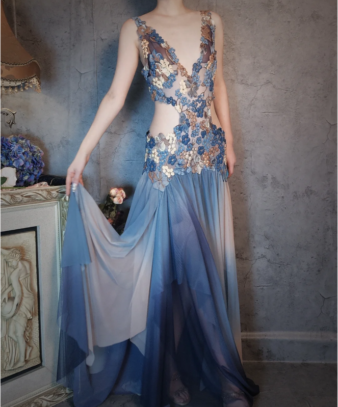Gorgeous Gradient Blue 3D Floral Openwork Chiffon Long Formal Prom Dress