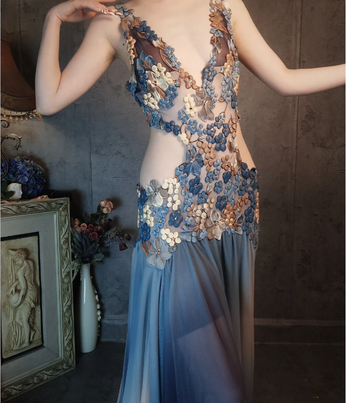 Gorgeous Gradient Blue 3D Floral Openwork Chiffon Long Formal Prom Dress