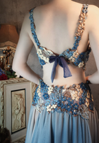 Gorgeous Gradient Blue 3D Floral Openwork Chiffon Long Formal Prom Dress
