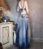 Gorgeous Gradient Blue 3D Floral Openwork Chiffon Long Formal Prom Dress