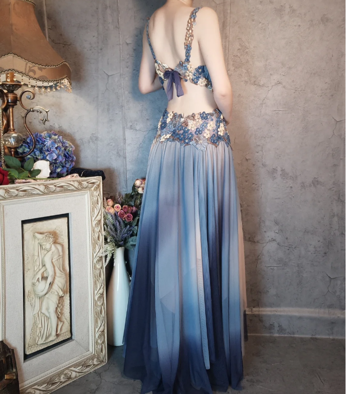 Gorgeous Gradient Blue 3D Floral Openwork Chiffon Long Formal Prom Dress