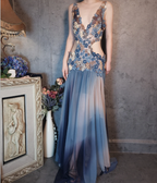 Gorgeous Gradient Blue 3D Floral Openwork Chiffon Long Formal Prom Dress