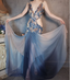 Gorgeous Gradient Blue 3D Floral Openwork Chiffon Long Formal Prom Dress