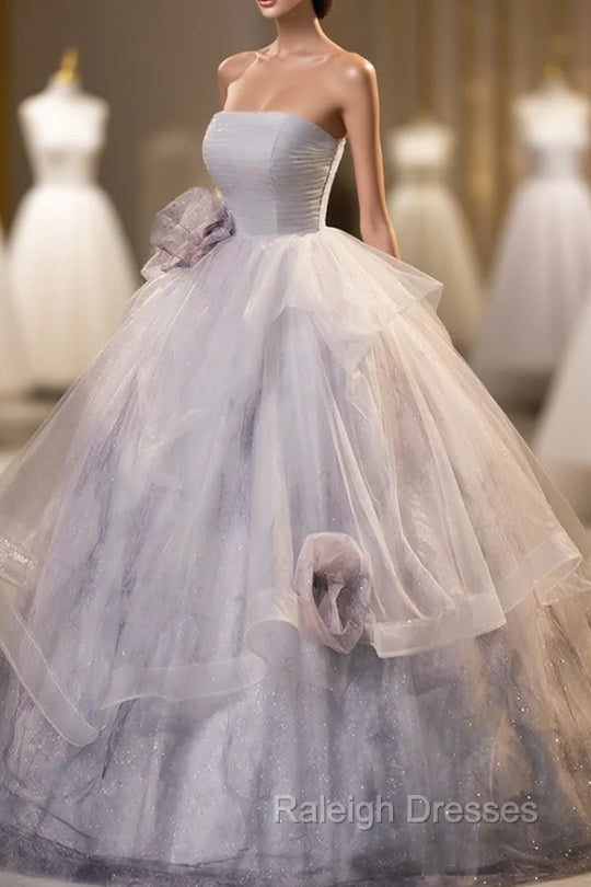 Gorgeous Gray Tulle Long Formal Dress, Gray Strapless Evening Dress