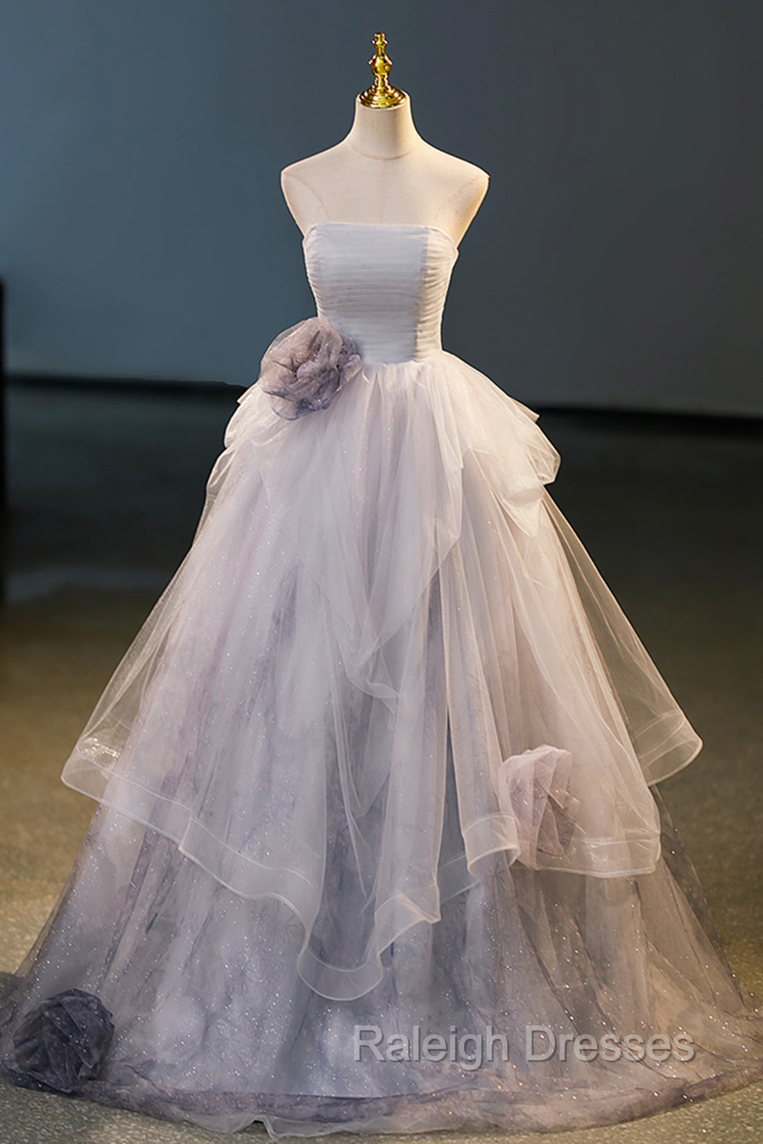 Gorgeous Gray Tulle Long Formal Dress, Gray Strapless Evening Dress