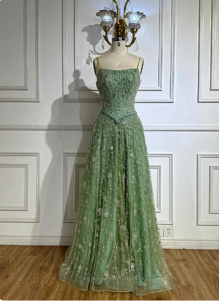 Gorgeous Green A-Line Square Neck Spaghetti Strap Beaded Embroidered Tulle Long Formal Prom Dress Secondary image