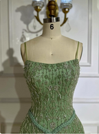 Gorgeous Green A-Line Square Neck Spaghetti Strap Beaded Embroidered Tulle Long Formal Prom Dress