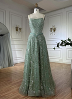 Gorgeous Green A-Line Square Neck Spaghetti Strap Beaded Embroidered Tulle Long Formal Prom Dress