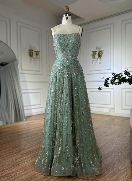 Gorgeous Green A-Line Square Neck Spaghetti Strap Beaded Embroidered Tulle Long Formal Prom Dress