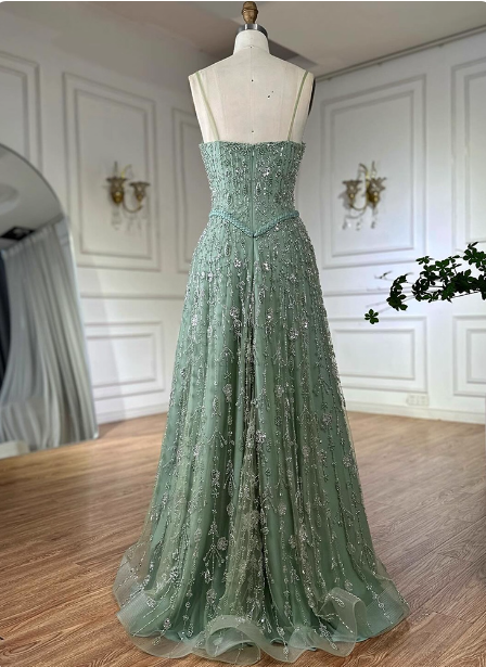 Gorgeous Green A-Line Square Neck Spaghetti Strap Beaded Embroidered Tulle Long Formal Prom Dress