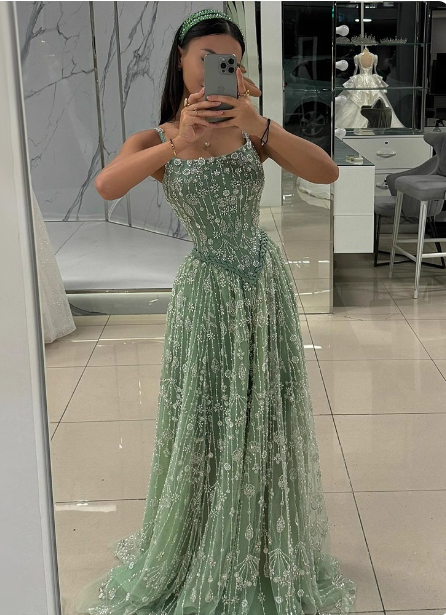 Gorgeous Green A-Line Square Neck Spaghetti Strap Beaded Embroidered Tulle Long Formal Prom Dress Main image