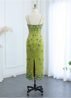 Gorgeous Green Bodycon Spaghetti Strap Square Neck Rhinestone Satin Long Formal Prom Dress