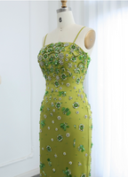 Gorgeous Green Bodycon Spaghetti Strap Square Neck Rhinestone Satin Long Formal Prom Dress