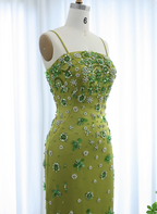 Gorgeous Green Bodycon Spaghetti Strap Square Neck Rhinestone Satin Long Formal Prom Dress