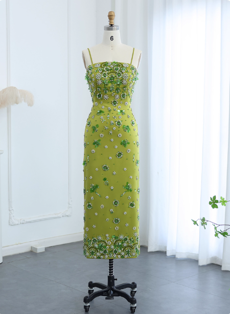 Gorgeous Green Bodycon Spaghetti Strap Square Neck Rhinestone Satin Long Formal Prom Dress