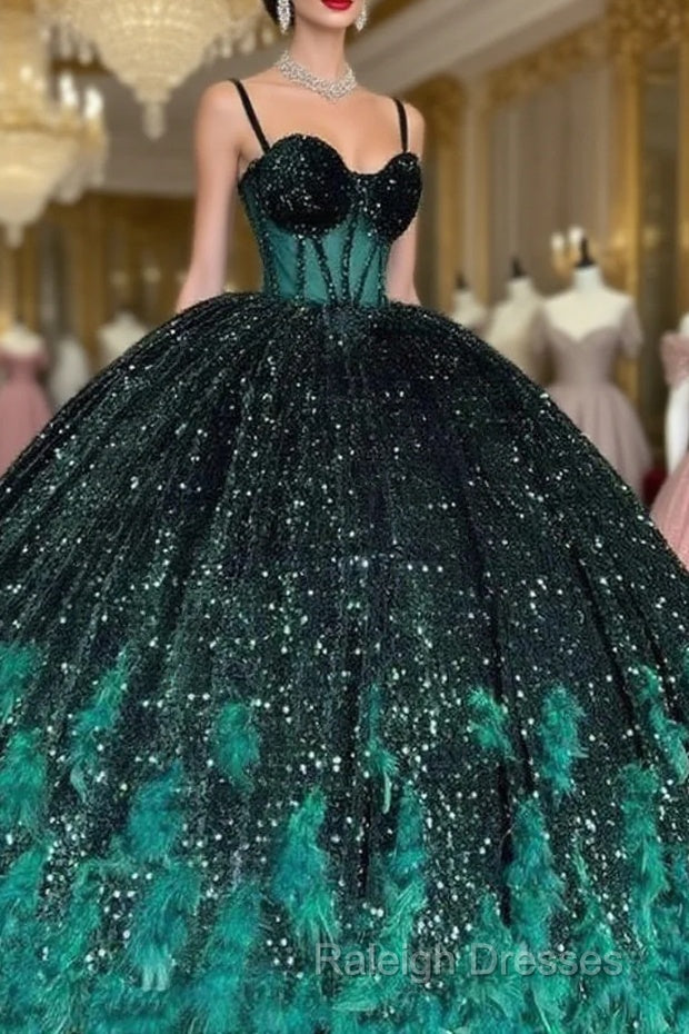 Gorgeous Green Sequins Feathers Ball Gown Quinceanera Dresses Prom Sweet 16 Prom Dresses