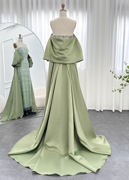 Gorgeous Green Strapless Beaded Cape Satin Train Formal Prom Dress