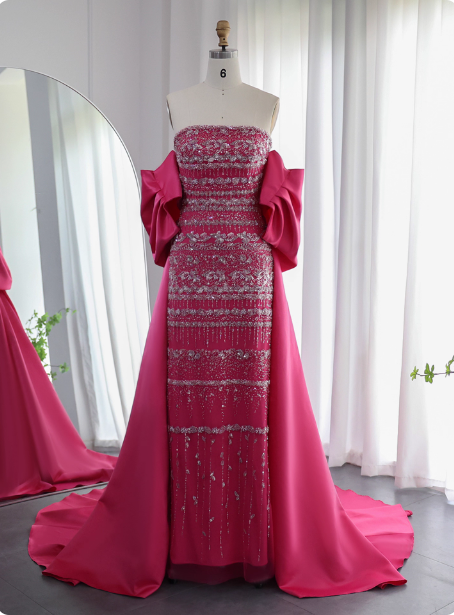 Gorgeous Green Strapless Beaded Cape Satin Train Formal Prom Dress