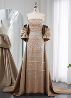 Gorgeous Green Strapless Beaded Cape Satin Train Formal Prom Dress