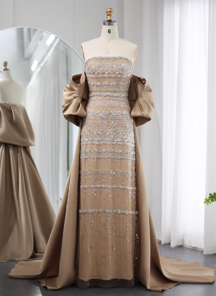 Gorgeous Green Strapless Beaded Cape Satin Train Formal Prom Dress