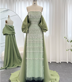 Gorgeous Green Strapless Beaded Cape Satin Train Formal Prom Dress