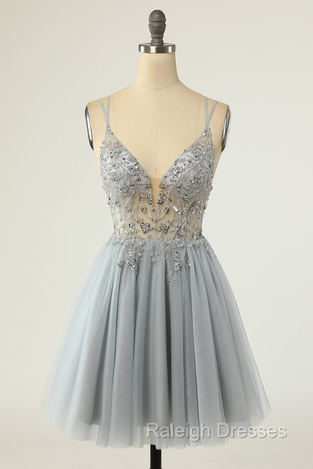 Gorgeous Grey Homecoming Dresses A Line Spaghetti Straps Short Prom Dresses with Beading Secondary image